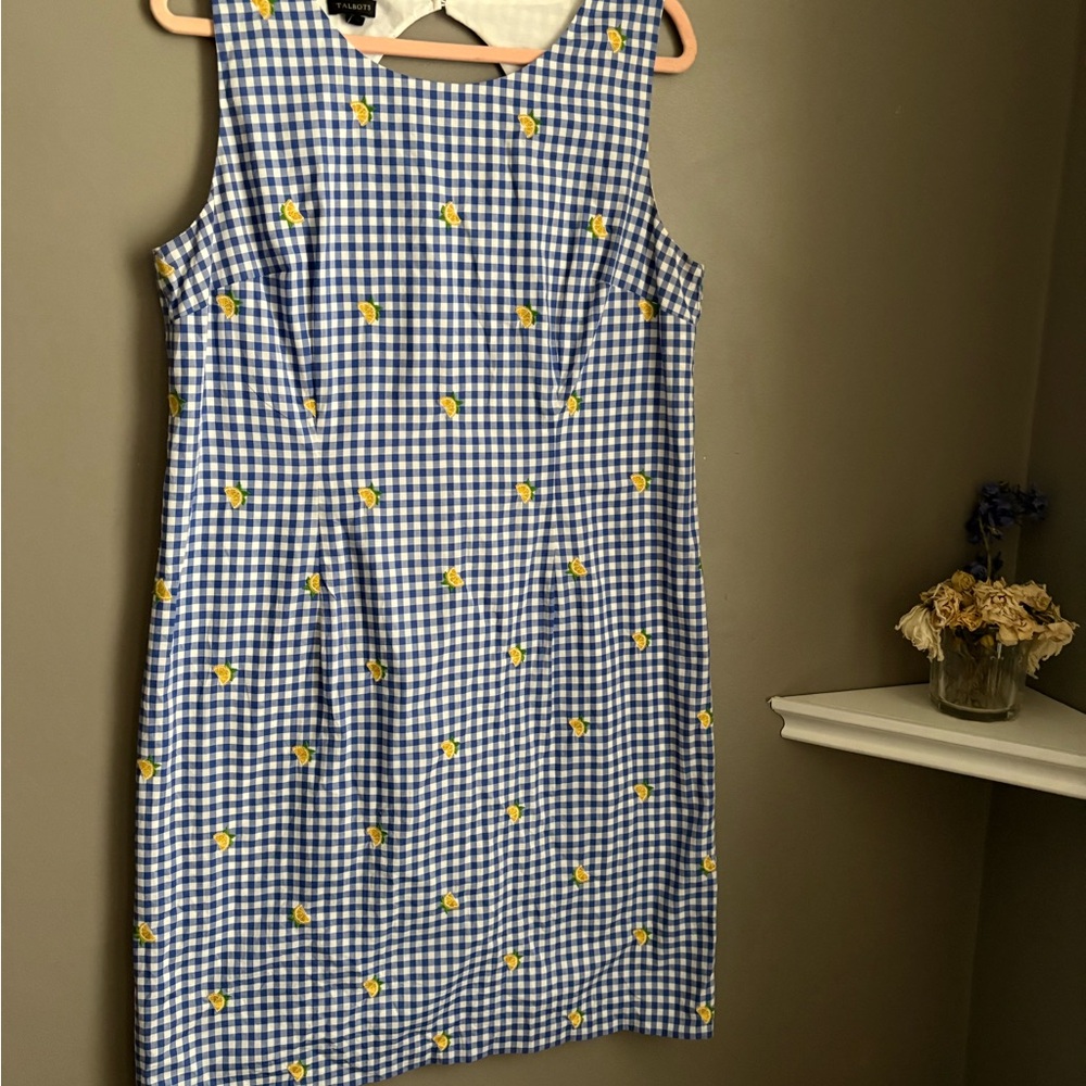 Blue and white gingham dress with lemon embroidery.